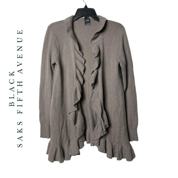 1754. BLACK SAKS FIFTH AVENUE LONG‎ SLEEVE RUFFLE 100% CASHMERE CARDIGAN SIZE LG - Picture 1 of 9